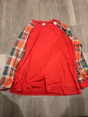 Women’s Long-Sleeve Red Raglan Shirt with Plaid Sleeves